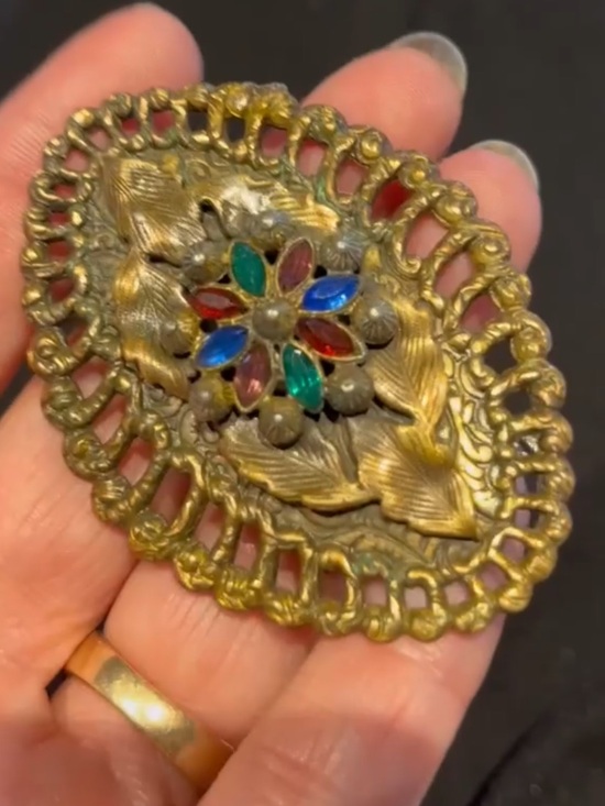 Antique Jewelry - Vintage Florenza Style Rhinestone Floral Brooch Filigree Statement Pin